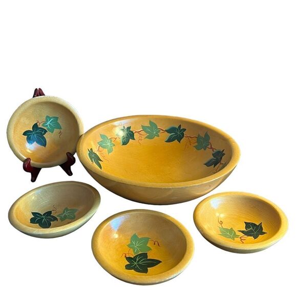 Munising vintage wooden ivy painted set of 5 bowls - Picture 1 of 12